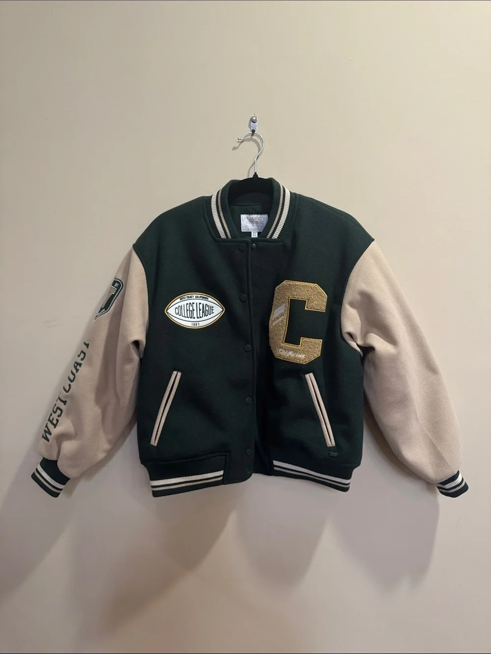 Pull&Bear Dark Green and Cream Kids Letterman Jacket with Gold 'C' Patch
